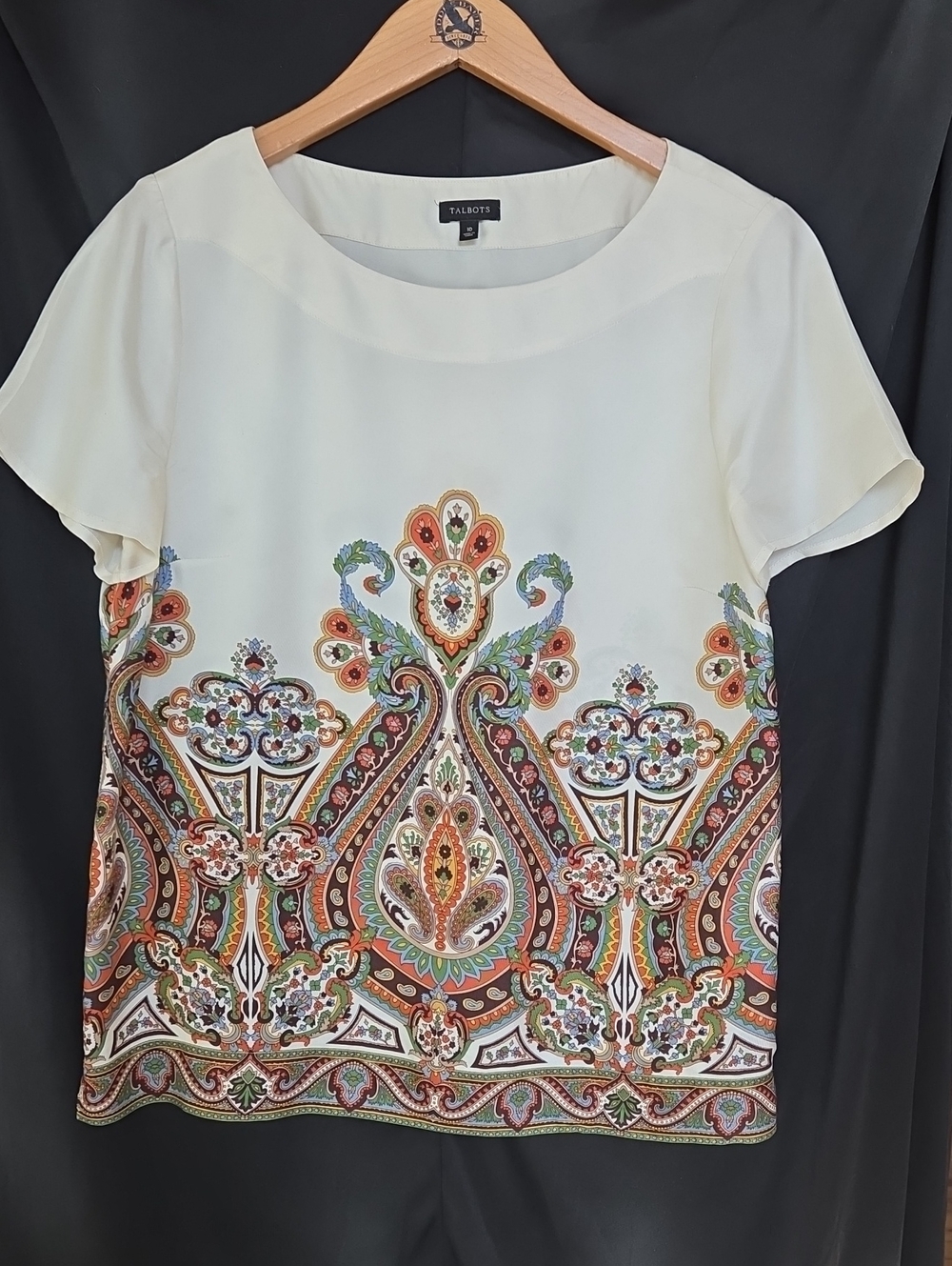 Talbots Cream Silk Blouse with Multicolor Paisley Border